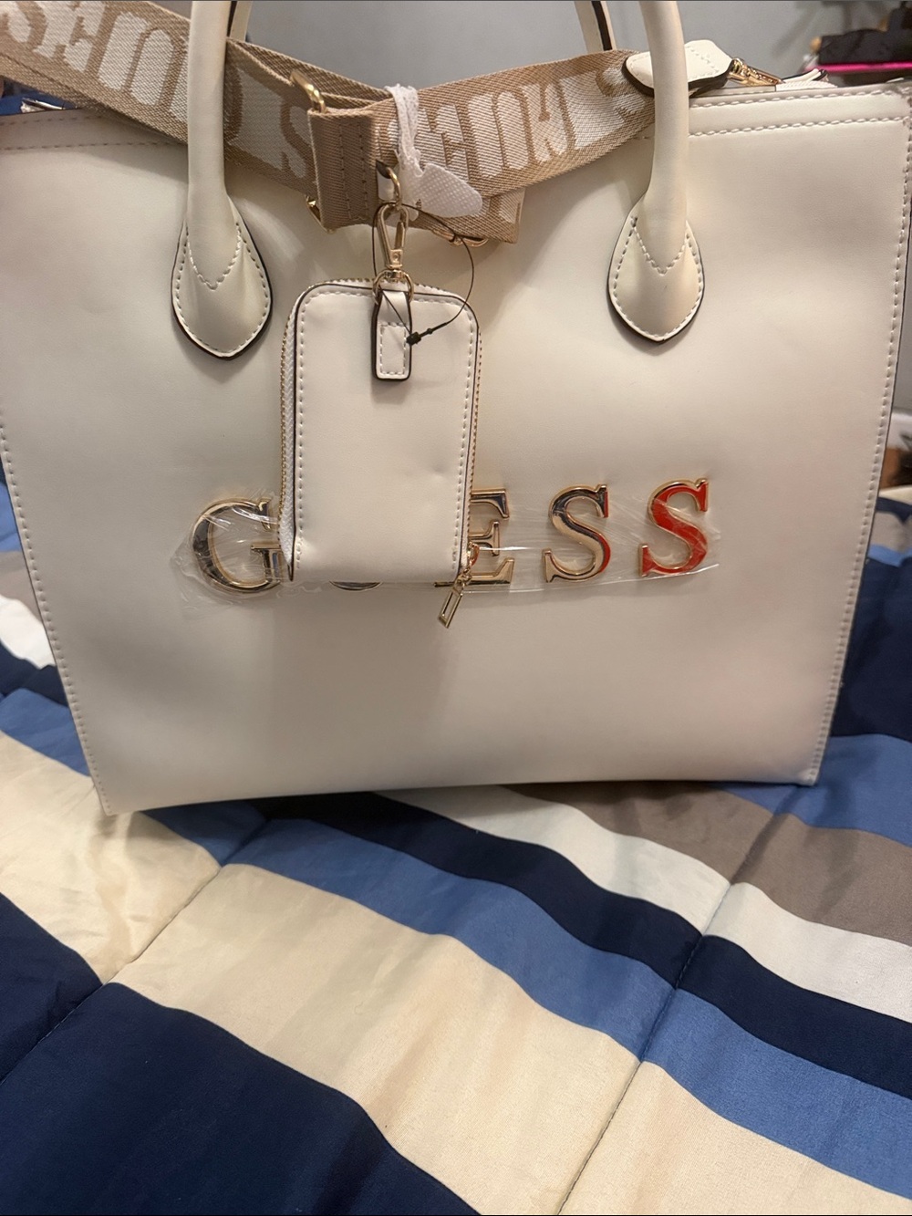 GUESS Cream Tote with Gold Logo and Removable Strap